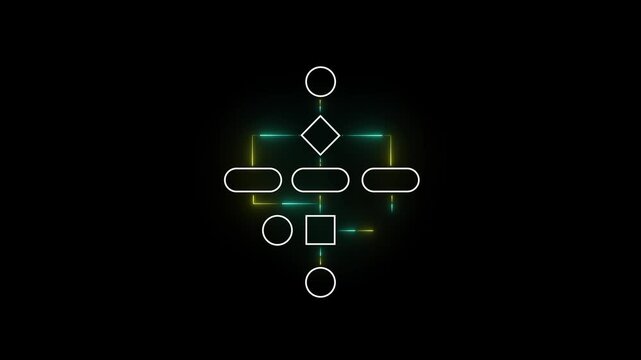 Block diagram concept, analysis scheme, logical, algorithm, flow chart drawing animation on black background.
