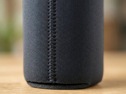 Black neoprene beverage cooler sleeve with stitched seam detail. koozie mockup