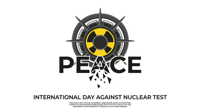 A bold graphic design featuring a stylized metallic nuclear radiation symbol integrated with the word peace showing shattered typography letters set against a clean white and grey global map backgroun