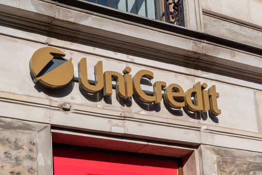 Warsaw, Poland - June 04, 2026: Unicredit Bank branch logo on historic building facade in city center