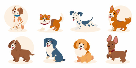 Fototapeta premium cartoon dog breeds collection in colorful vector style dogs art illustration canine variety puppies beagle dalmatian corgi spaniel chihuahua animal pet