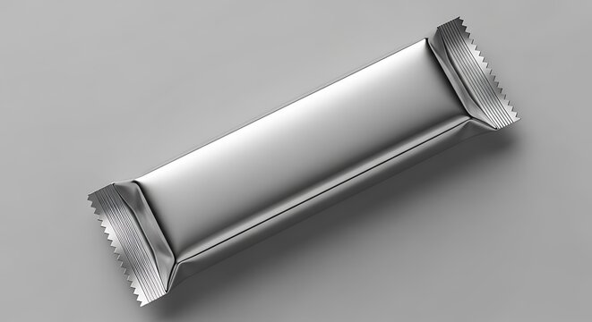 Metallic silver snack bar mockup, blank foil chocolate packaging on grey background, realistic food wrapper template for branding and product design