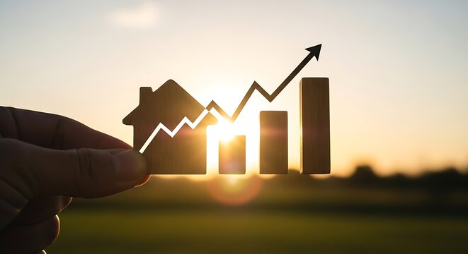 Real estate market growth concept, house silhouette with rising arrow and bar chart, property investment and mortgage interest rate increase