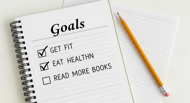 Goals checklist in spiral notebook with pencil, health and fitness resolution list, personal development planning on white background