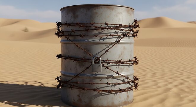 Rusty metal barrel wrapped in barbed wire, weathered steel oil drum in desert dunes, industrial waste container with sharp wire fence