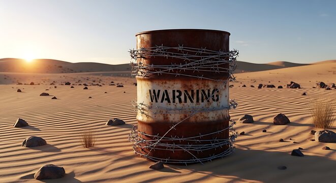 Rusty metal barrel with warning text and barbed wire, toxic waste drum in desert landscape, environmental pollution concept in arid dunes