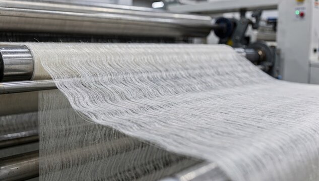 Medium shot of fine denier tow being opened and carefully crimped showcasing delicate fiber textures before precise cutting into smooth spinnable tops for premium textile