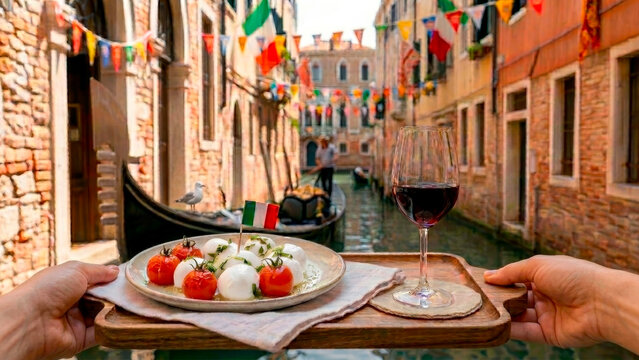 Traditional Italian mozzarella with baked tomatoes and a glass of red wine on the background of an ancient Venice street
