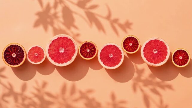 Slices of grapefruit and blood orange arranged in a horizontal line. Citrus fruit flat lay with moving leaf shadows on beige background. Minimalist food concept
