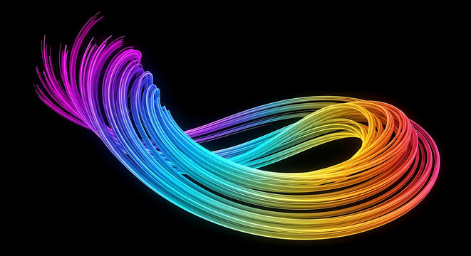 Colorful swirling fiber optic cables on black background representing data transfer with transfer technology colorful spectrum abstract connection highspeed communication internet broadband