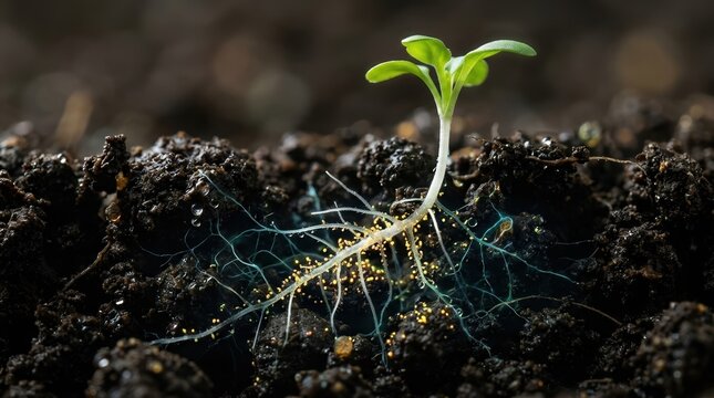 A seedling with fresh green cotyledons rises from dark soil as root hairs, fungal hyphae, and clustered bacteria form a colorful rhizosphere halo; soil aggregates, moisture droplets, and fluorescence