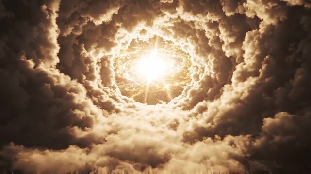 Radiant sun emerges through swirling storm clouds as glowing circular cloud vortex expands, creating dramatic celestial sky, intense warm light, dense atmospheric texture, striking contrast across sky