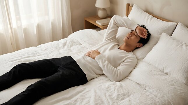 Exhausted man resting on a white bed with hand on forehead
