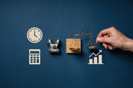 Person placing a graph icon next to business symbols on a blue surface