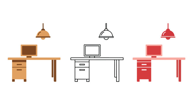 Three colorful desks with drawers in varying colors arranged side by side, showcasing retro and modern office furniture concept.