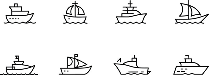 Boat icons, sailing vessel graphics, nautical symbols, 8 ship illustrations © mafia009