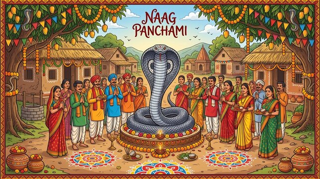 Naag Panchami festival celebration banner with a large cobra snake idol, village community in traditional outfits praying, colorful rangoli, and mango tree decorations vector illustration.
