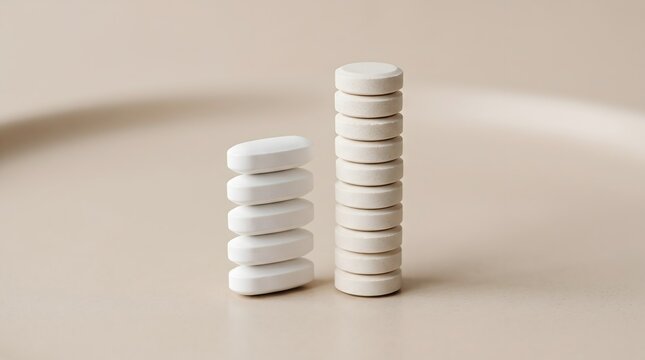 White oval and beige round pills stacked on a neutral background, symbolizing health and wellness