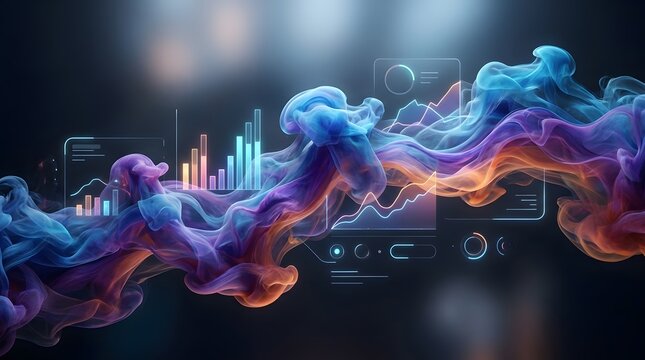 Colorful smoke-like forms intertwining with digital data charts and user interface elements, symbolizing data visualization.