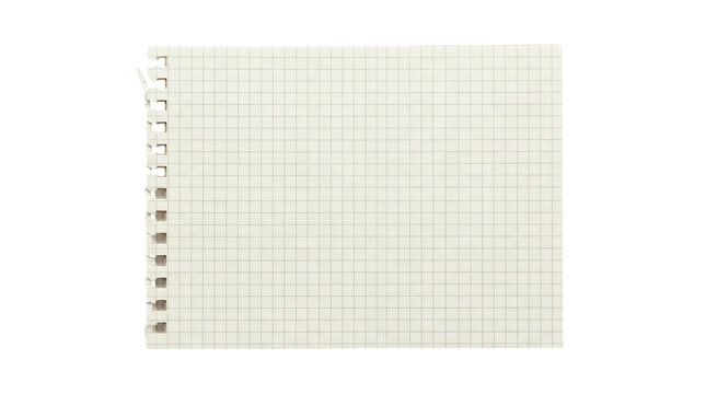 Minimalist squared paper notebook page, blank graph grid sheet with spiral binding, neutral beige texture for design mockup