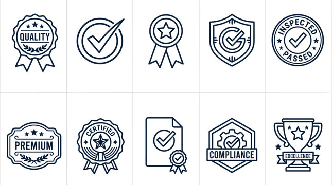 Quality assurance line icons set, certified compliance and premium excellence badges, 10 black outline vector stamps for business warranty and trust