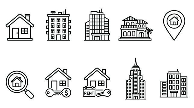 Real estate line icons set, 10 building and property vector elements. Modern house rental and mortgage symbols. Commercial architecture and home search icons.