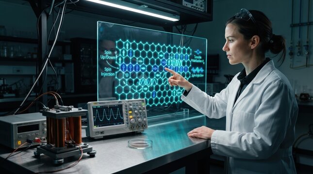 A focused female physicist in a clean lab points to a glowing graphene lattice on a transparent display, with a magnetic coil, oscilloscope trace, and wafer sample on the bench, visualizing