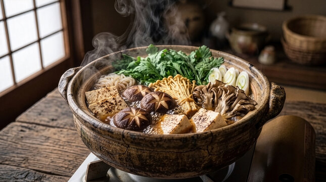 Rustic Japanese Vegan Mushroom Hot Pot Simmering in Wabi-Sabi Donabe Clay Pot with Soft Natural Light