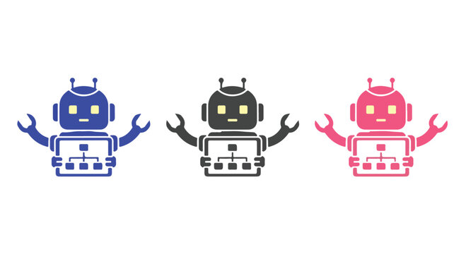 Three colorful robotic icons with raised arms in a row, digital illustration.