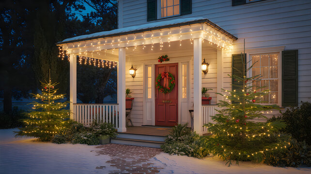 House porch decorated with bright christmas lights and festive trees at night