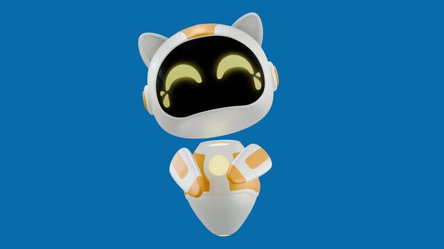 An animated orange and white feline robot bobs and chuckles with glowing yellow tears of joy on a blue screen.
