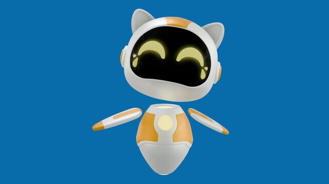 A 3D white and orange robot cat laughs with tears of joy against a blue background, then settles into a happy smile.