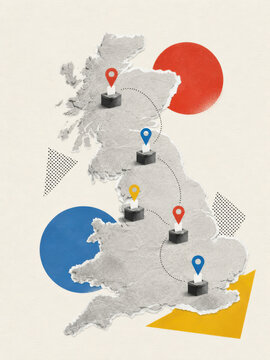 United Kingdom election abstract collage background with uk map and paper votes for political polling concept