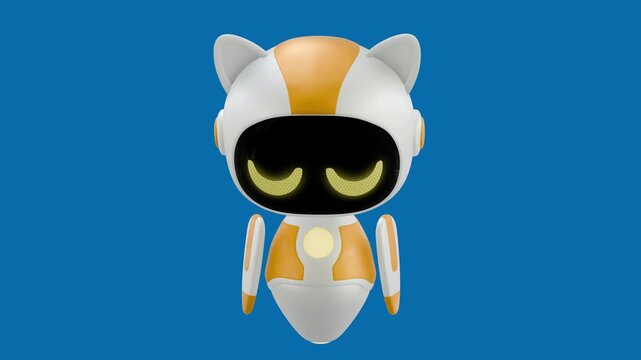 A 3D white and orange robot with tired, sad, and head down movement. Blue screen background. Perfect looping. Artificial intelligence virtual assistant robot.