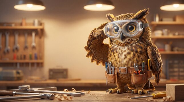 Wise Owl Carpenter with Safety Goggles and Tool Belt in Workshop