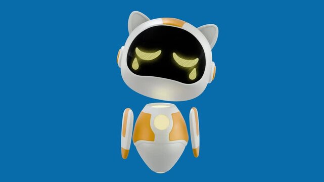 A 3D white and orange robot looks heartbroken and crying.
