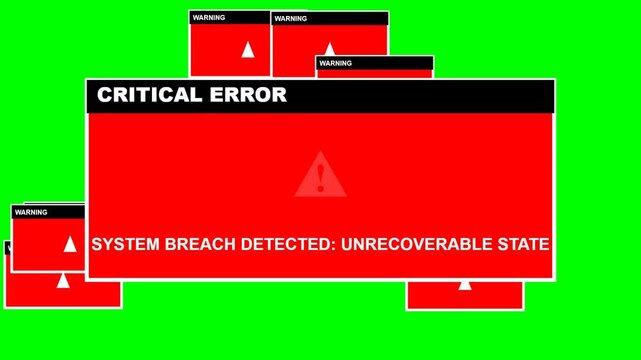 Cyber Attack Simulation Critical Error and System Breach Warning Popups on Green Screen Background