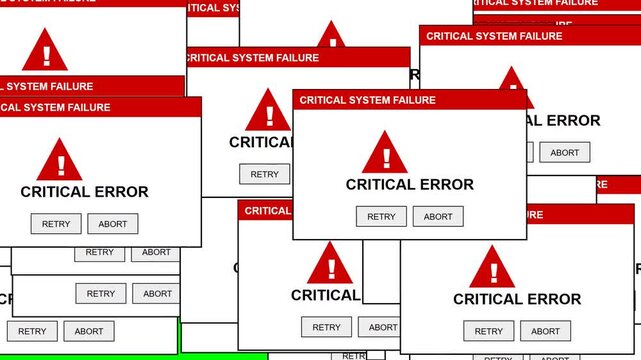 Multiple Pop-up Windows with Critical System Failure and Error Message on Chroma Key Green Screen