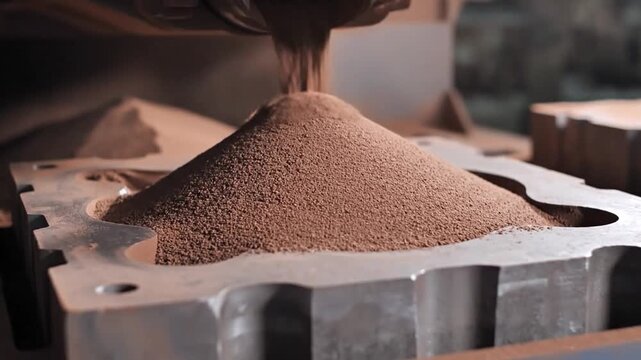 Close up view of industrial machine pouring brown granular material from metal chute onto shaped surface, creating small mound in factory setting with worn metal details, blurred background, warm