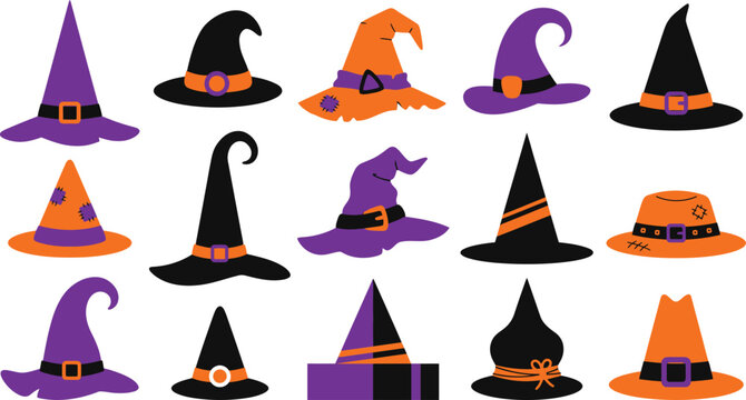 Halloween witch hats in purple black and orange for spooky festivities