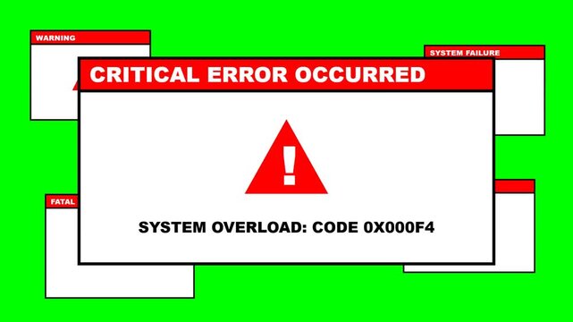 Multiple Pop-up System Error Windows with Critical Failure and Warning Messages on Green Screen Background