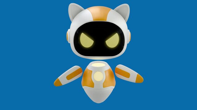 A 3D white and orange robot cat with angry movements and raises its arms aggressively against a blue background.