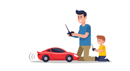 Obraz premium Man and child playing with a red remote controlled car.