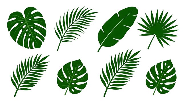 Monstera Palm Tropical Vector Set Bold Flat Illustration Summer Branding Elements