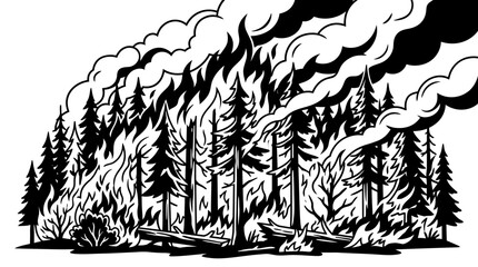 Intense forest fire consuming evergreen trees with heavy smoke © Great
