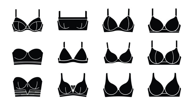 Set of black bra silhouettes in a minimalist vector pattern for fashion design and graphic resources.