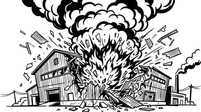 Industrial factory building exploding with smoke and debris
