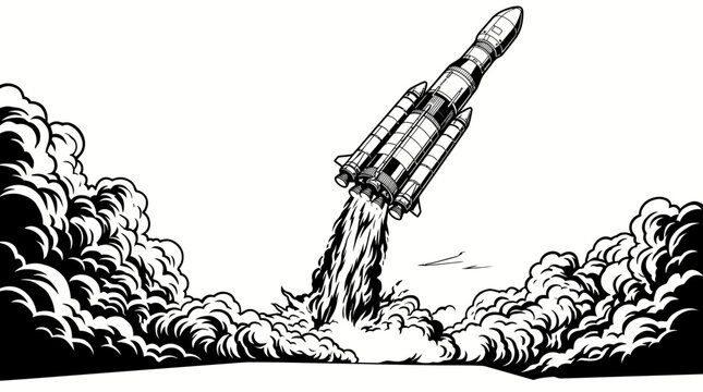 Space rocket blasting off through thick clouds of smoke