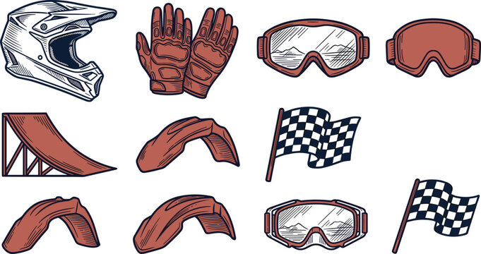 Motocross and extreme sports vector set with dirt bike equipment including helmet gloves goggles ramp hills checkered racing flags isolated on white