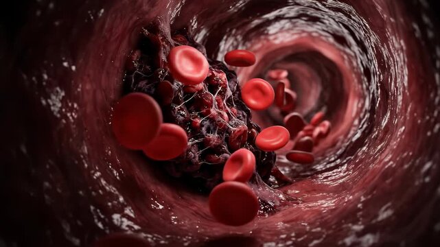 Internal vessel thrombosis: blood flow, red cell, fibrin network, platelet aggregate, systemic health, medical danger, body pathway, disease process.